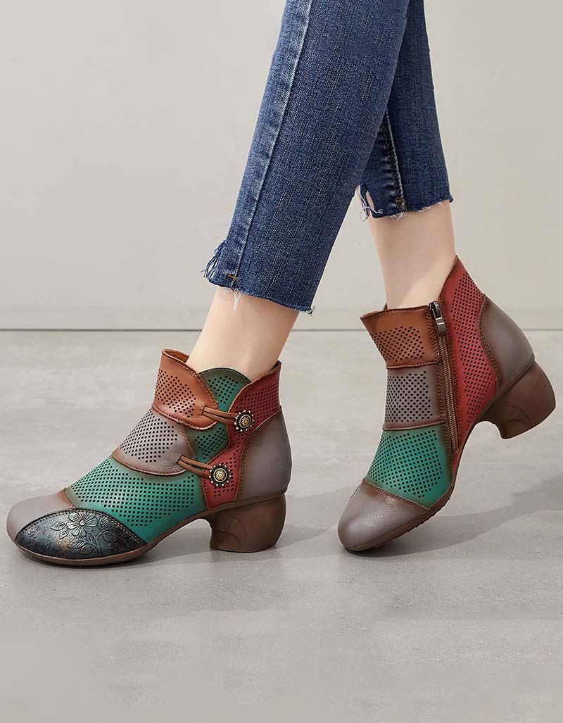 Handgjorda Color-block Hollow Vintage Chunky Booties