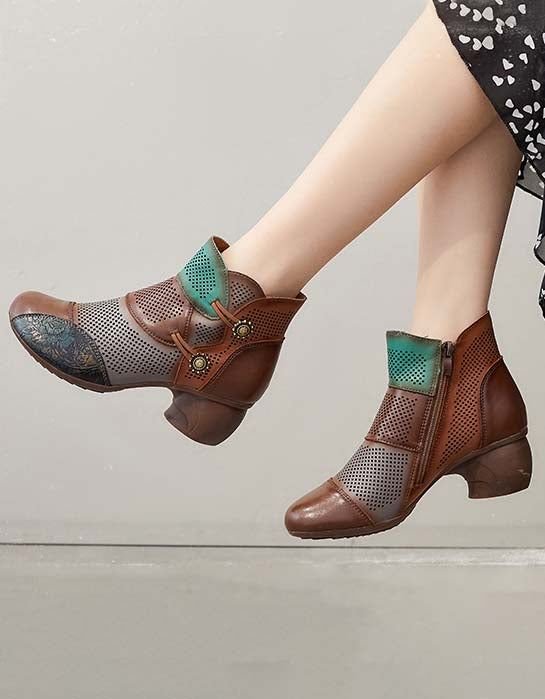 Handgjorda Color-block Hollow Vintage Chunky Booties