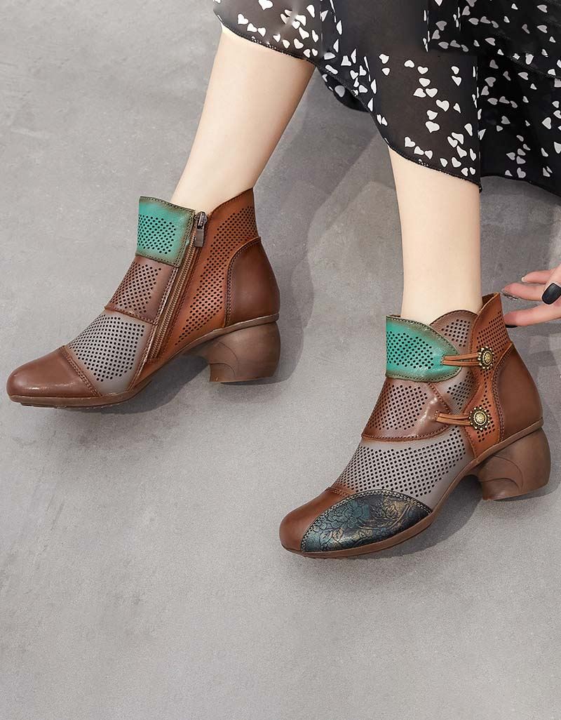 Handgjorda Color-block Hollow Vintage Chunky Booties