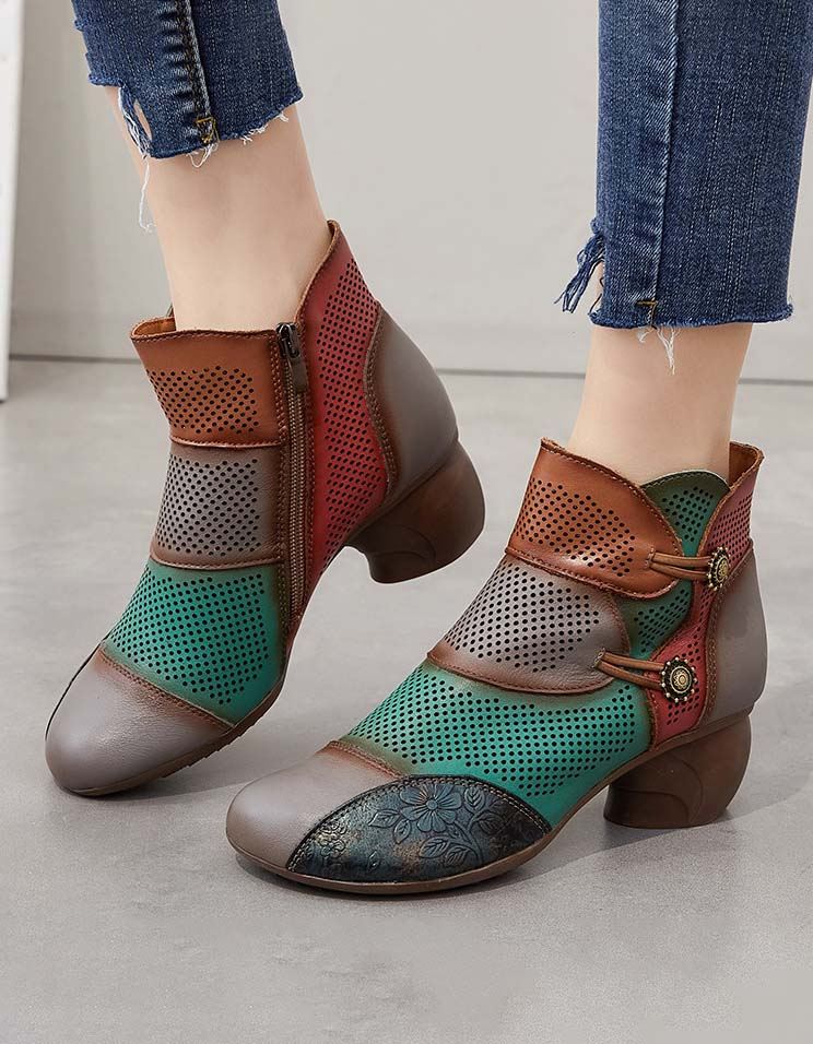 Handgjorda Color-block Hollow Vintage Chunky Booties