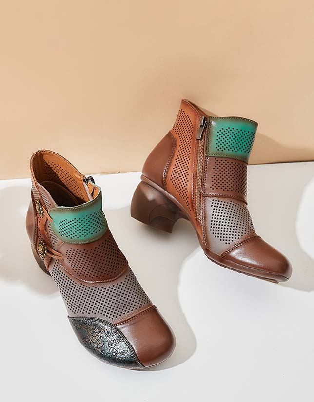 Handgjorda Color-block Hollow Vintage Chunky Booties