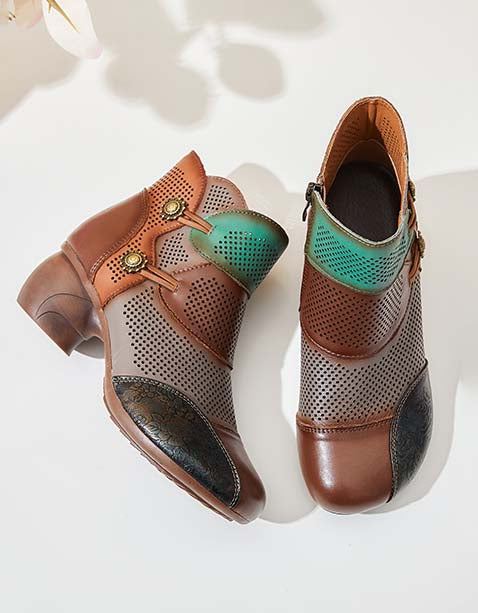 Handgjorda Color-block Hollow Vintage Chunky Booties