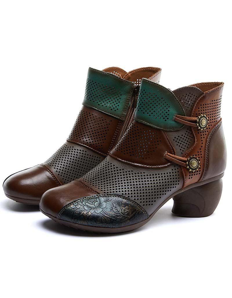 Handgjorda Color-block Hollow Vintage Chunky Booties