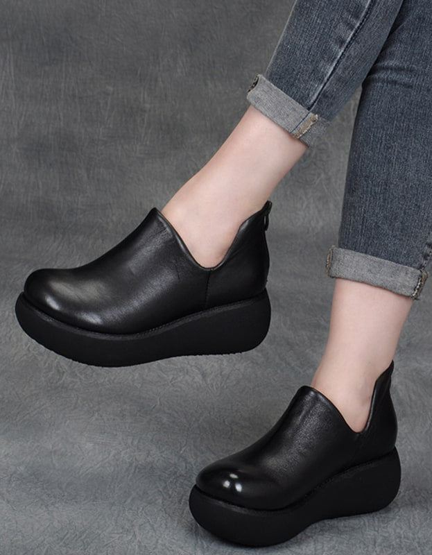 Spring Retro Läder Round Head Wedge Shoes