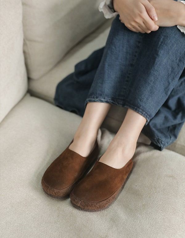 Bekväma Läder Retro Slip-on Platta Skor För Kvinnor