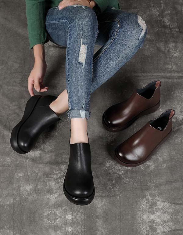 Vår Höst Anti-slip Läder Retro Wedge Boots