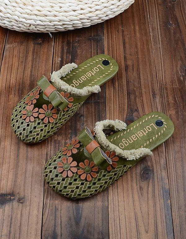 Herr Handgjorda Retro Läder Blomtofflor För Kvinnor