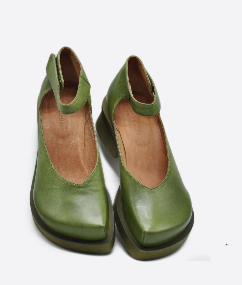 Vintage Tjock Klack Kardborreband Gröna Sandaler För Kvinnor